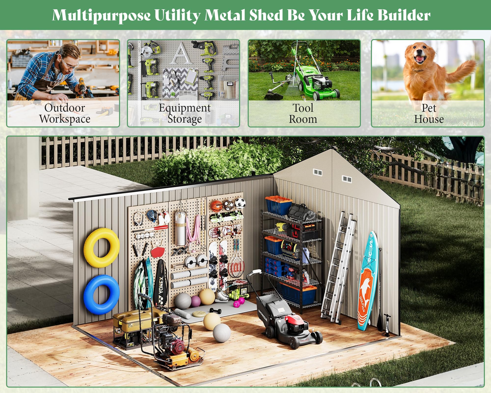 Jocisland 12x10.3x8.2 FT Galvanized Steel Outdoor Storage Shed